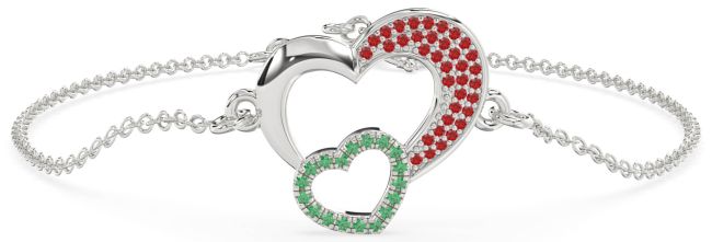 Emerald & Ruby Silver Heart Chain Bracelet