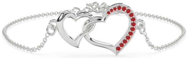 Ruby Silver Heart Chain Bracelet
