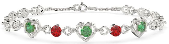 Emerald & Ruby Silver Heart Chain Bracelet