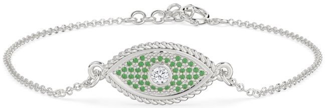 Emerald & Diamond Silver Evil Eye Chain Bracelet