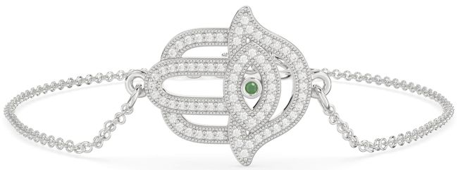 Diamond Emerald Silver Hamsa Evil Eye Chain Bracelet