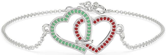 Emerald & Ruby Platinum Heart Interlock Chain Bracelet