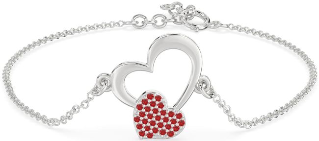 Ruby Silver Heart Chain Bracelet