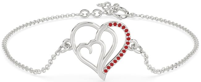 Ruby Silver Heart Chain Bracelet