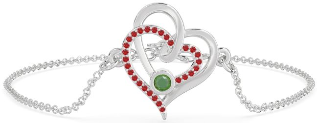 Emerald & Ruby Silver Heart Interlock Chain Bracelet