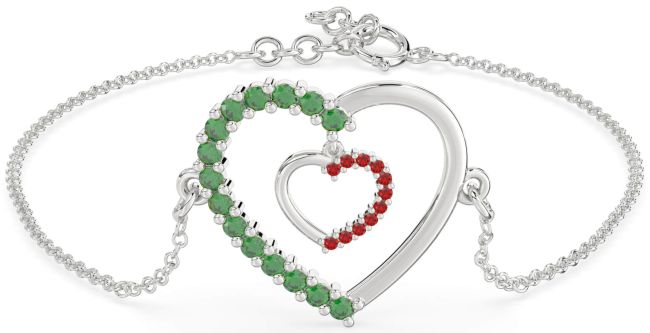 Emerald & Ruby Platinum Heart Chain Bracelet