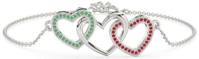 Emerald & Ruby Platinum Heart Interlock Chain Bracelet
