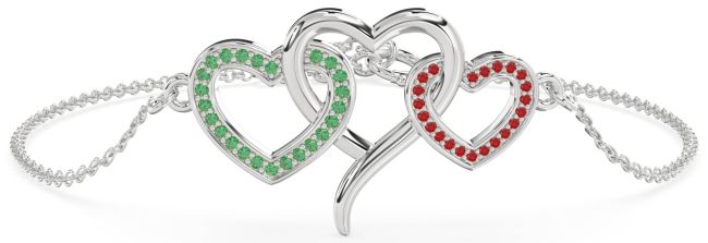 Emerald & Ruby Platinum Heart Interlock Chain Bracelet