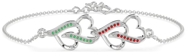 Emerald & Ruby Platinum Heart Interlock Chain Bracelet