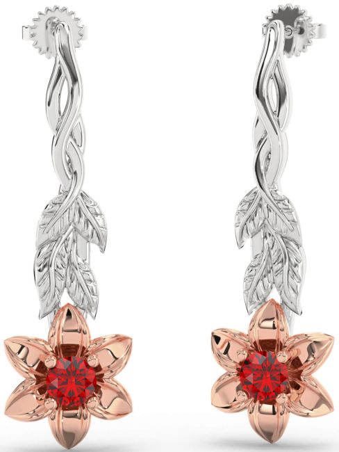 Ruby White Rose Gold Flower Dangle Earrings
