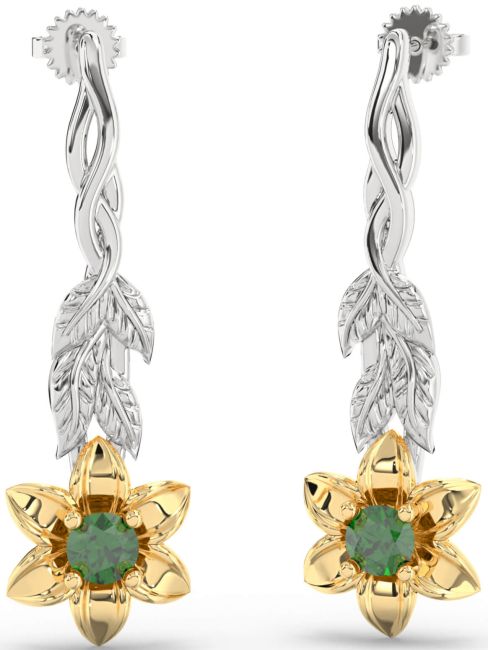 Emerald White Yellow Gold Flower Dangle Earrings