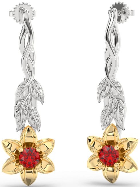 Ruby White Yellow Gold Flower Dangle Earrings