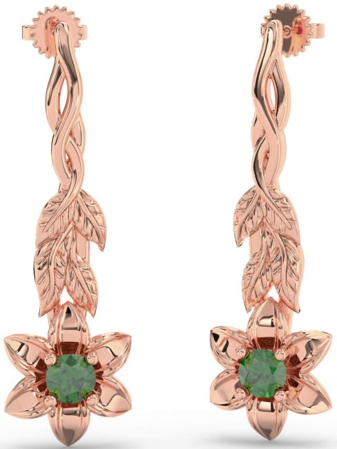 Emerald Rose Gold Flower Dangle Earrings