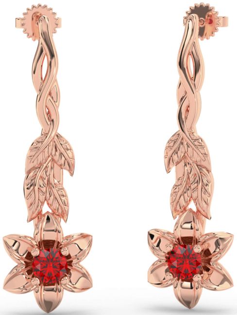 Ruby Rose Gold Flower Dangle Earrings