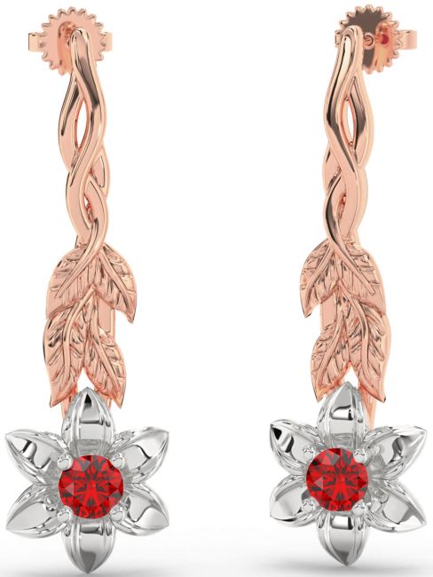Ruby White Rose Gold Flower Dangle Earrings