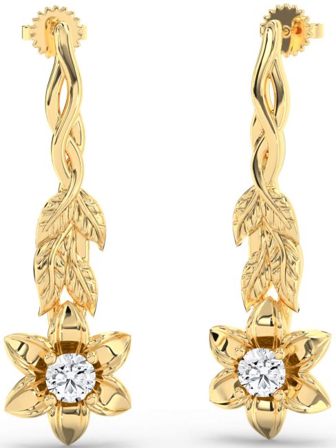 Diamond Gold Flower Dangle Earrings