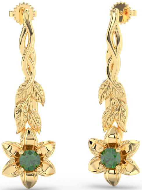 Emerald Gold Flower Dangle Earrings