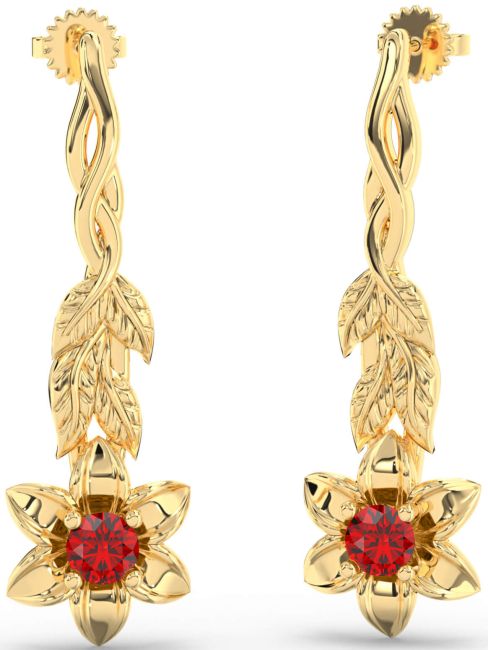 Ruby Gold Flower Dangle Earrings