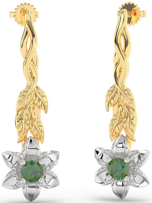 Emerald White Yellow Gold Flower Dangle Earrings