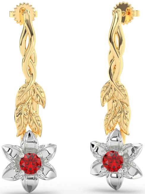 Ruby Platinum & Yellow Gold Flower Dangle Earrings