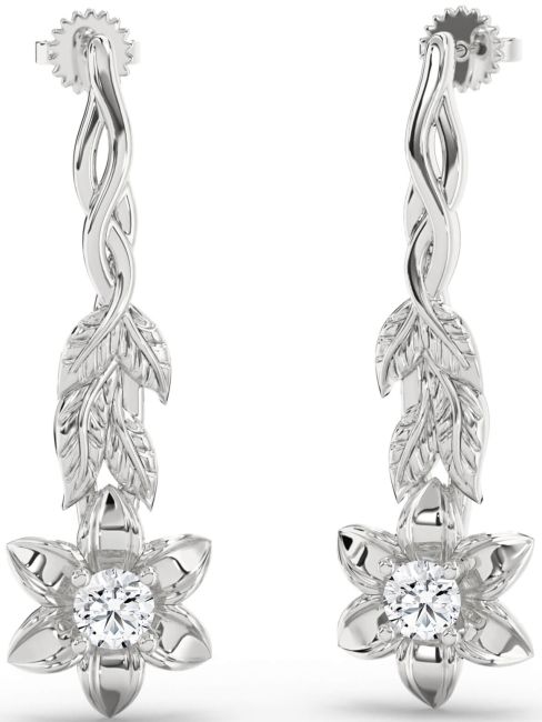 Diamond Silver Flower Dangle Earrings