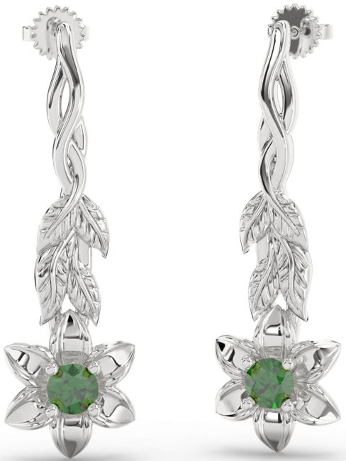 Emerald Platinum Flower Dangle Earrings