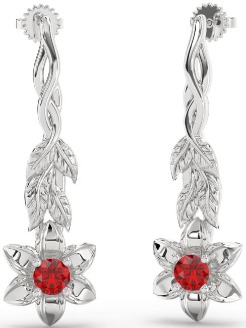 Ruby Silver Flower Dangle Earrings