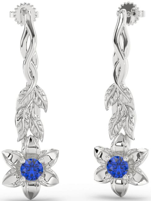 Blue Sapphire Silver Flower Dangle Earrings
