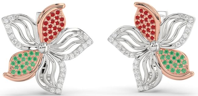 Diamond Emerald & Ruby Platinum & Rose Gold Flower Stud Earrings
