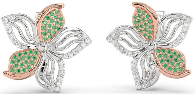 Diamond Emerald Rose Gold Silver Flower Stud Earrings