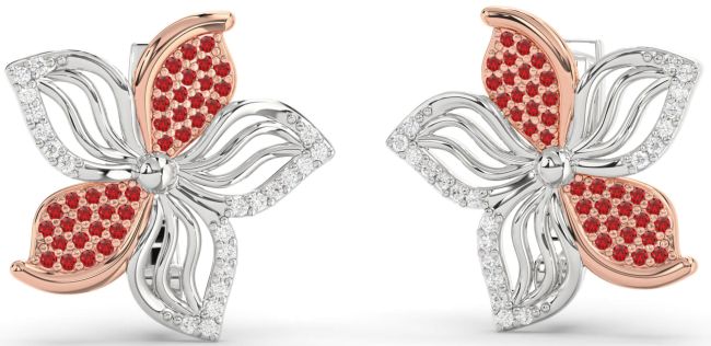 Diamond Ruby White Rose Gold Flower Stud Earrings