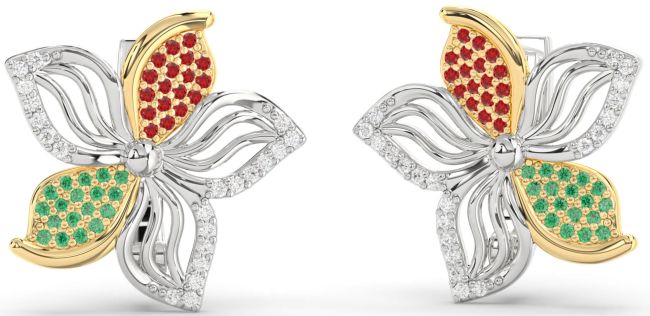 Diamond Emerald & Ruby White Yellow Gold Flower Stud Earrings