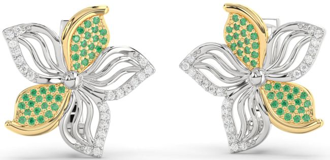 Diamond Emerald Gold Silver Flower Stud Earrings