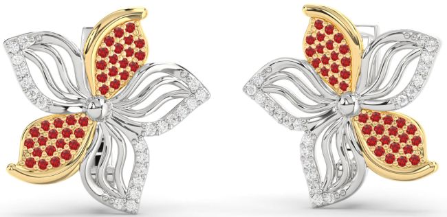 Diamond Ruby Platinum & Yellow Gold Flower Stud Earrings