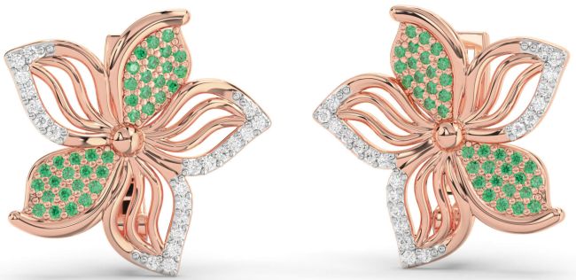 Diamond Emerald Rose Gold Flower Stud Earrings