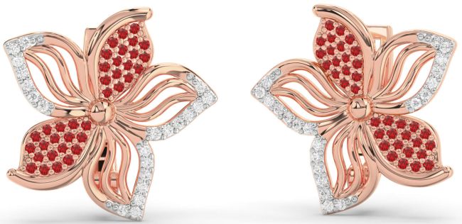 Diamond Ruby Rose Gold Silver Flower Stud Earrings