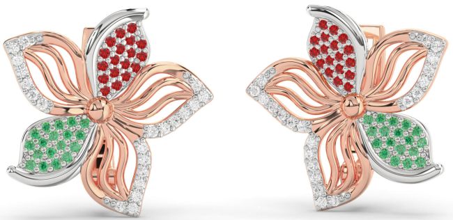 Diamond Emerald & Ruby White Rose Gold Flower Stud Earrings
