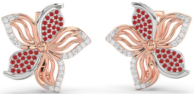 Diamond Ruby Rose Gold Silver Flower Stud Earrings