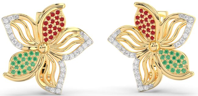 Diamond Emerald & Ruby Gold Flower Stud Earrings