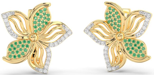 Diamond Emerald Gold Silver Flower Stud Earrings