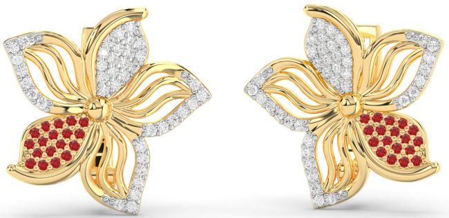 Diamond & Ruby Gold Flower Stud Earrings
