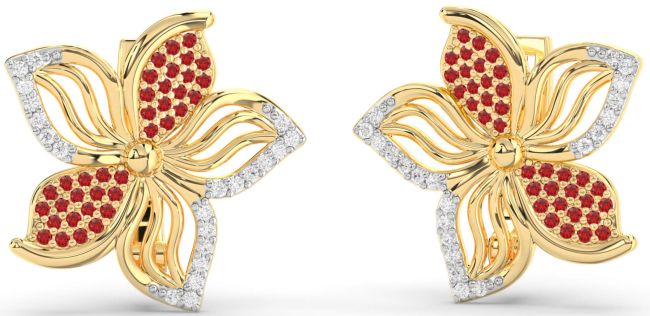 Diamond Ruby Gold Flower Stud Earrings