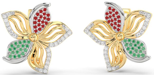 Diamond Emerald & Ruby White Yellow Gold Flower Stud Earrings