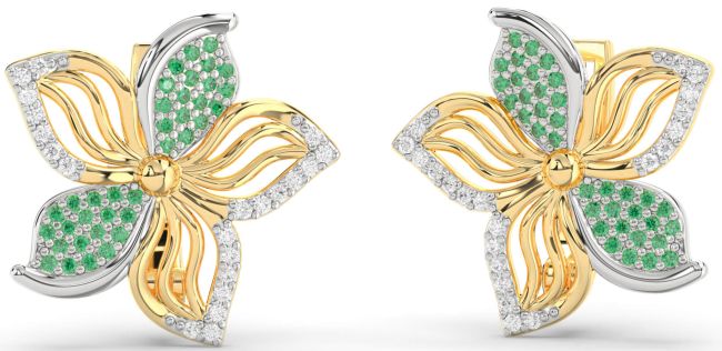 Diamond Emerald Gold Silver Flower Stud Earrings
