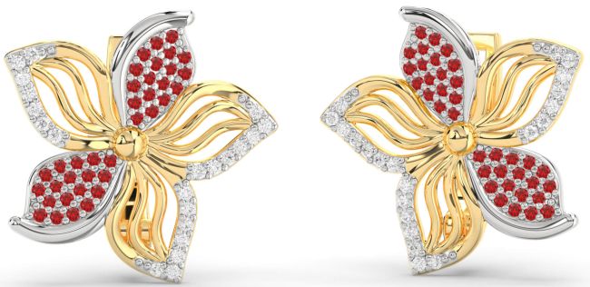Diamond Ruby Platinum & Yellow Gold Flower Stud Earrings