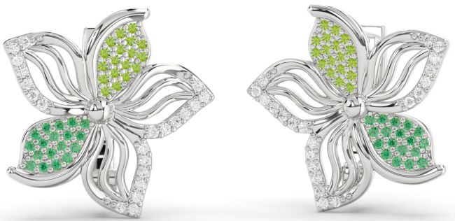 Diamond Emerald & Peridot Silver Flower Stud Earrings