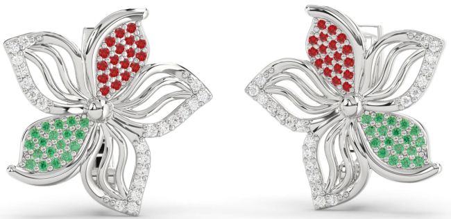 Diamond Emerald & Ruby Silver Flower Stud Earrings