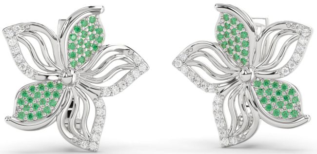 Diamond Emerald White Gold Flower Stud Earrings