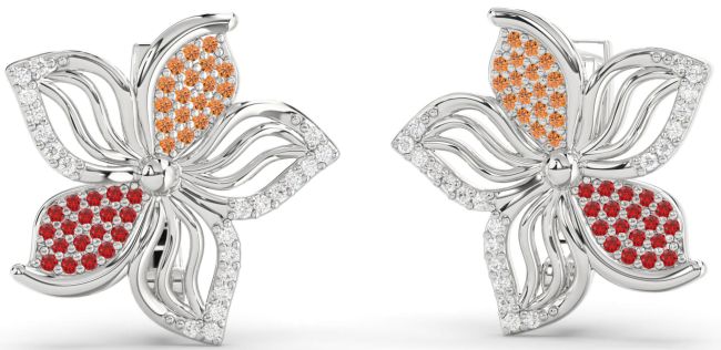 Diamond Ruby & Citrine Platinum Flower Stud Earrings