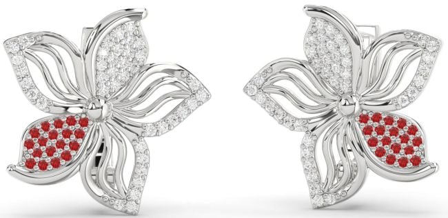 Diamond & Ruby White Gold Flower Stud Earrings